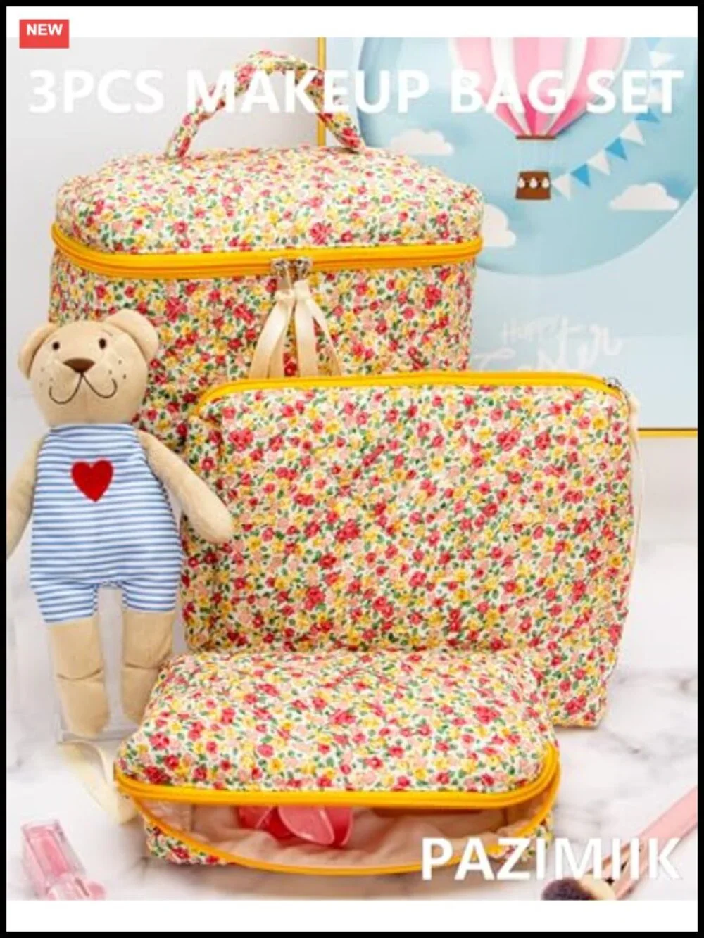 Quilted Makeup Bag Set 3 Piece Cosmetic Organizer Travel Zipper Pouch